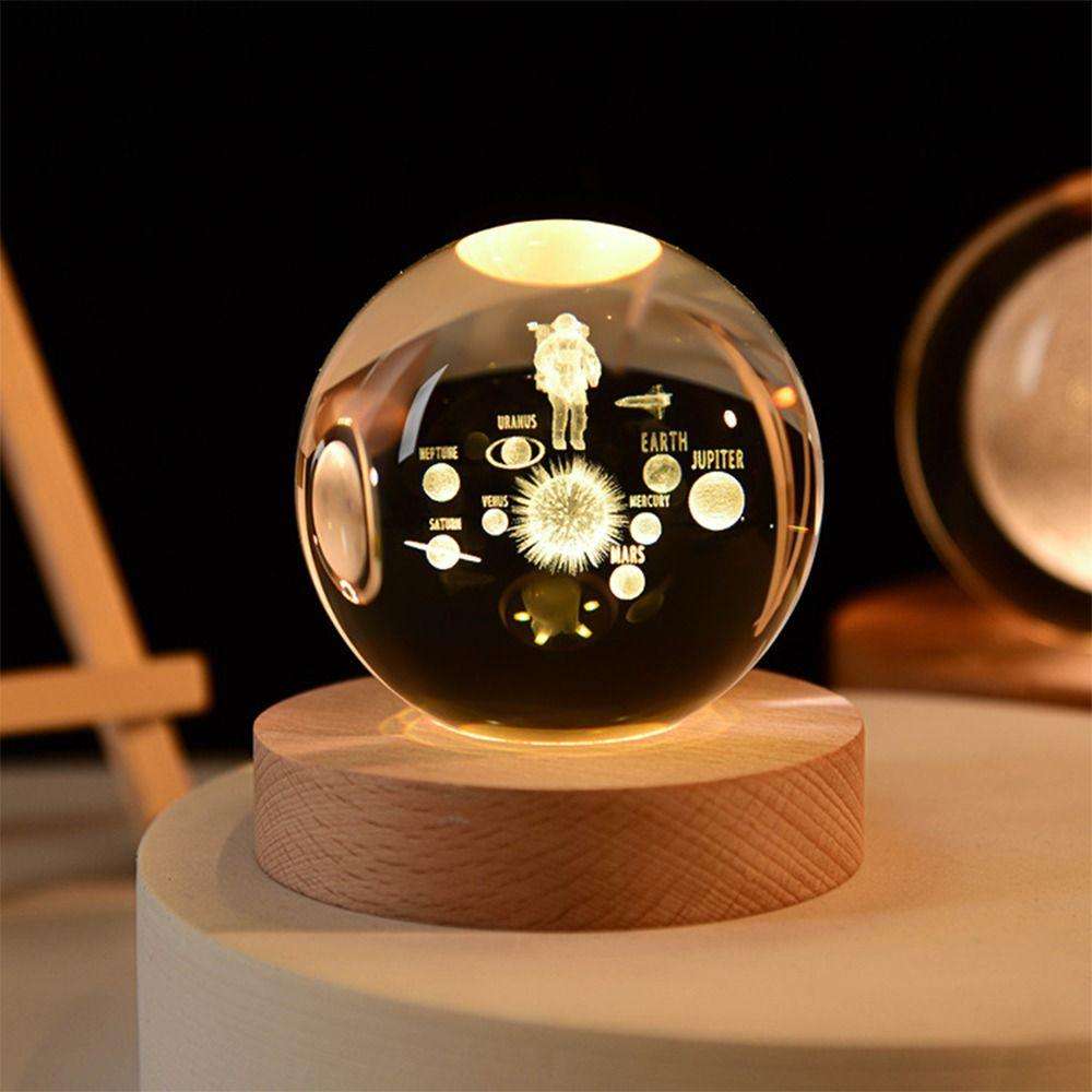 3D Galaxy Crystal Ball LED Night Light With Wooden Base-DEER