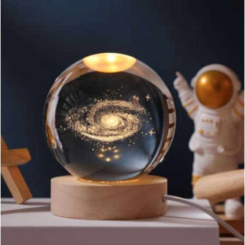 3D Galaxy Crystal Ball LED Night Light With Wooden Base-DEER