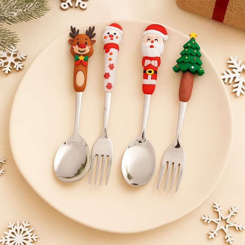 4-Piece Christmas Cutlery Set with Decorative Handles - Gold