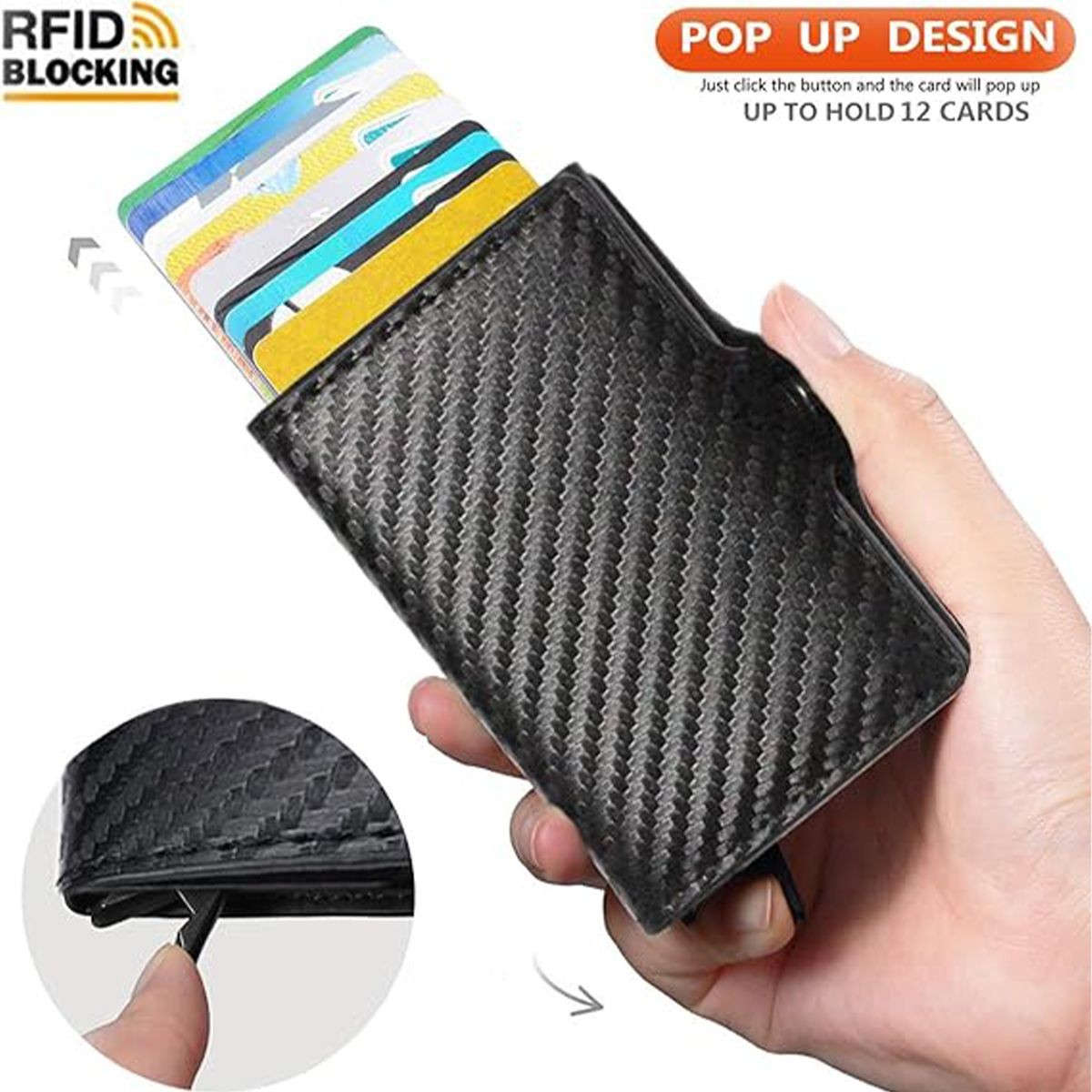 Double Carbon Fiber RFID Pop Up Card Holder Wallet-Black