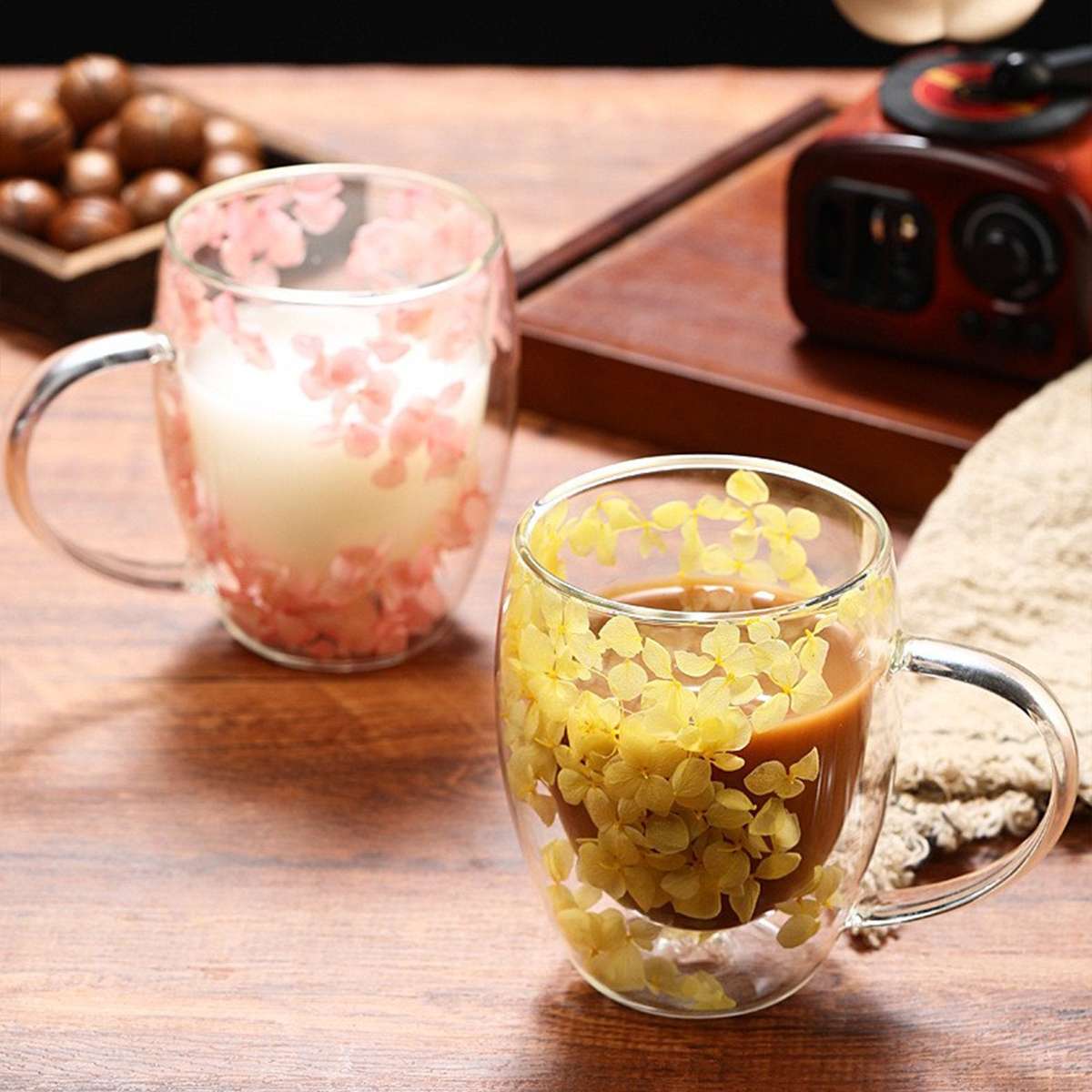 350ml Flower Petals Double Walled Glass Coffee Mug-Yellow