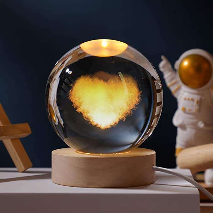 3D Galaxy Crystal Ball LED Night Light With Wooden Base-DEER