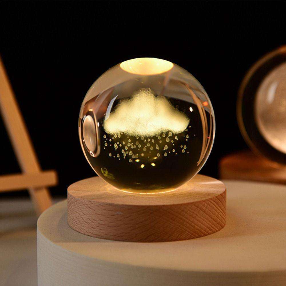 3D Galaxy Crystal Ball LED Night Light With Wooden Base-DEER