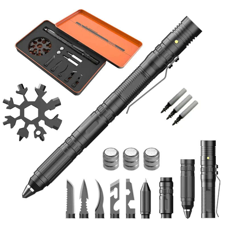 TactiPro 16-in-1 Multifunctional Tool Set  Tactical Pen, Snowflake Tool, Flashlight and More