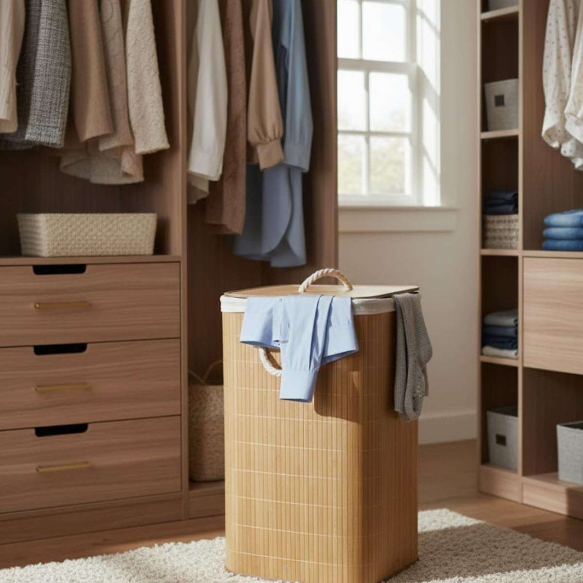 Bamboo Laundry Basket  Natural Breathable Storage Bin for Bathrooms & Bedrooms 