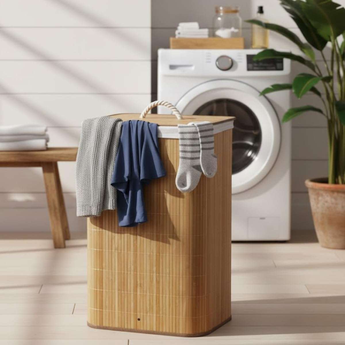 Bamboo Laundry Basket  Natural Breathable Storage Bin for Bathrooms & Bedrooms 