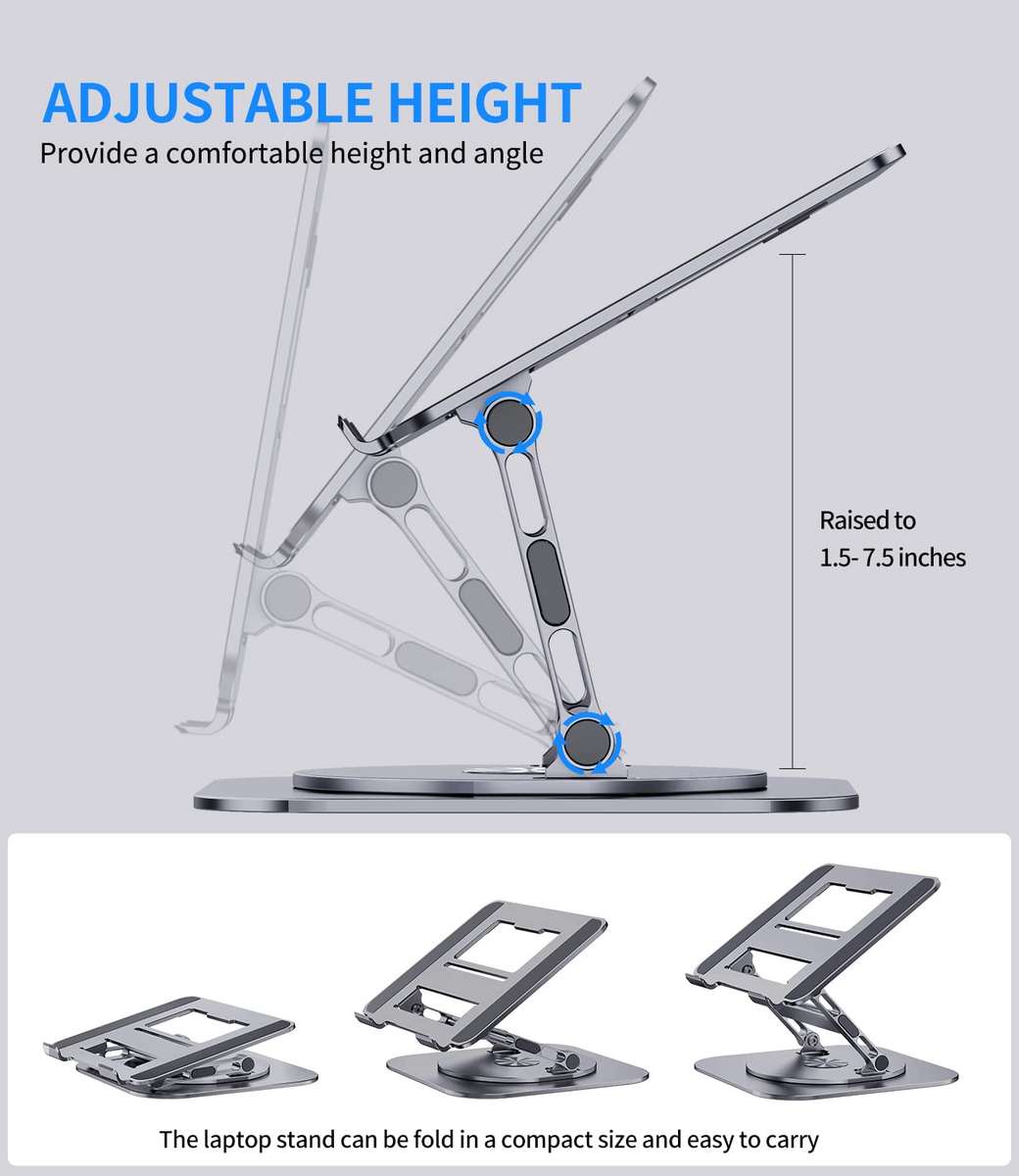 Adjustable Metal Laptop Stand with 360° Rotating Base