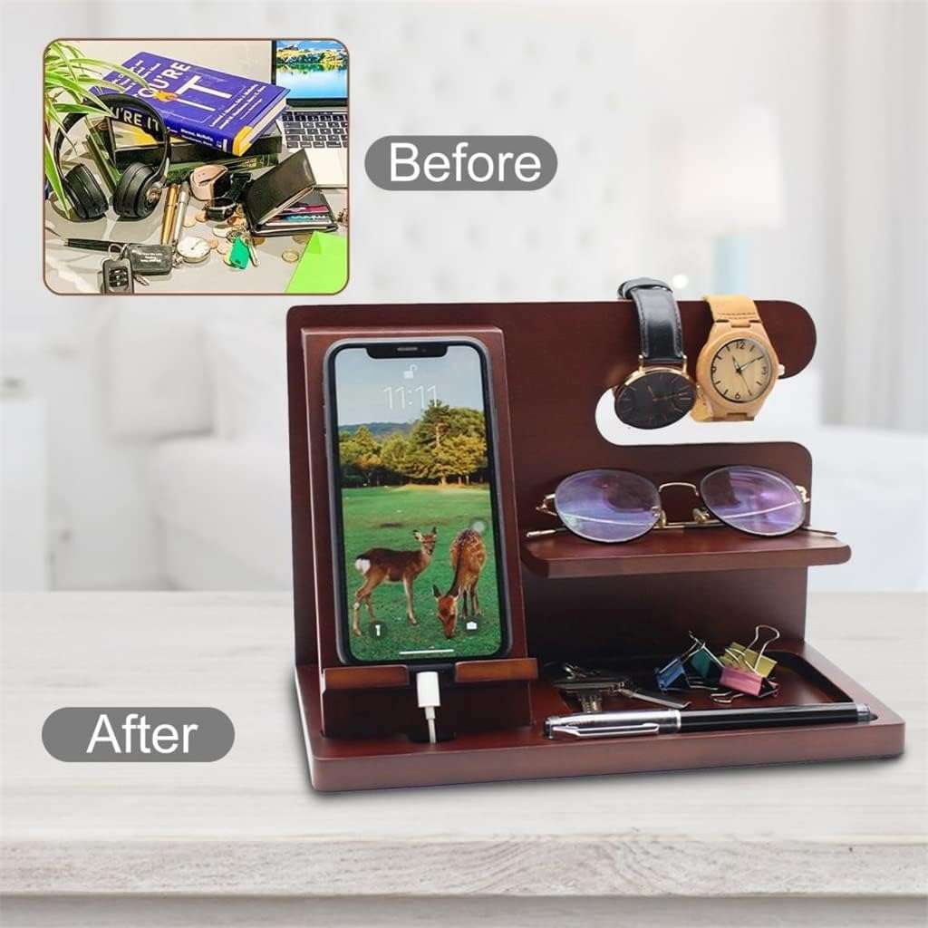 Wooden Phone And Daily Accessory Station - Dark Wood
