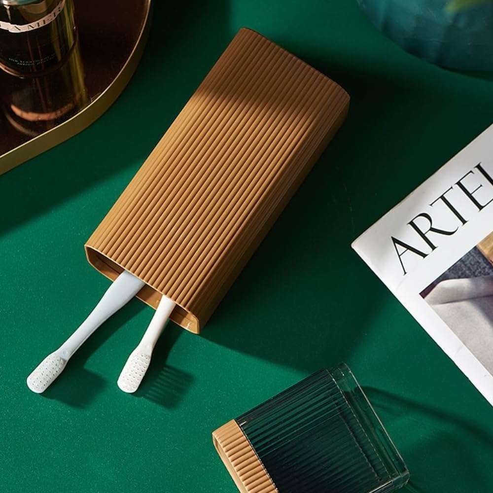 Portable Travel Toothbrush Holder Case  2-in-1 Toothpaste - Brown