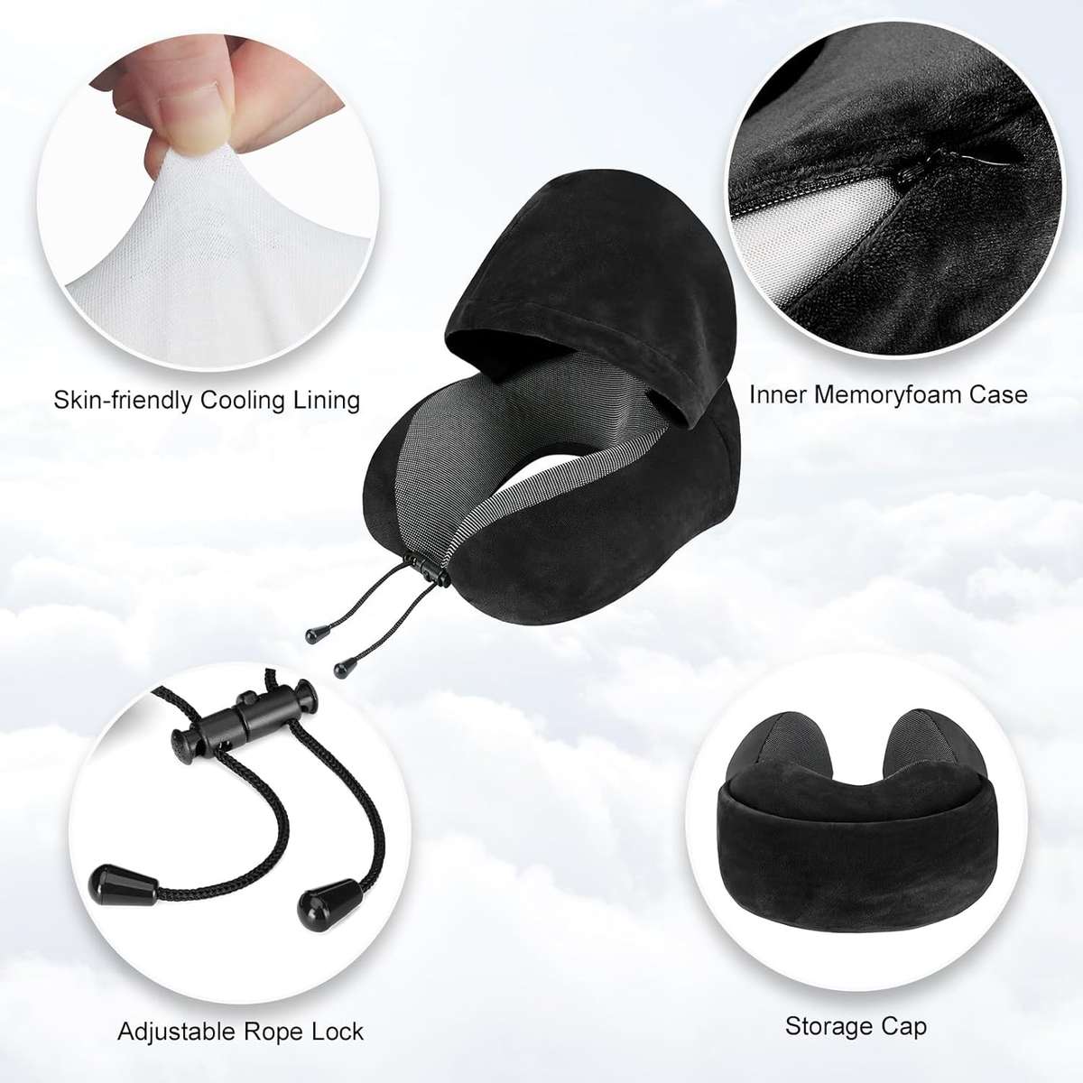 Velvet Memory Travel Neck Pillow with Hood- Black