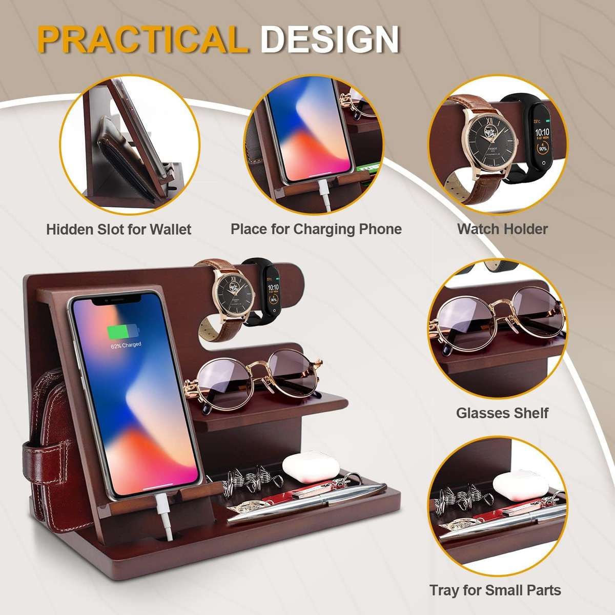 Wooden Phone And Daily Accessory Station - Dark Wood