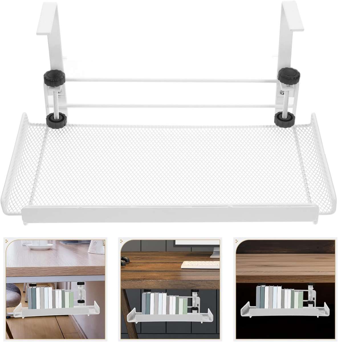 Clamp-on Under Desk Storage Basket - White
