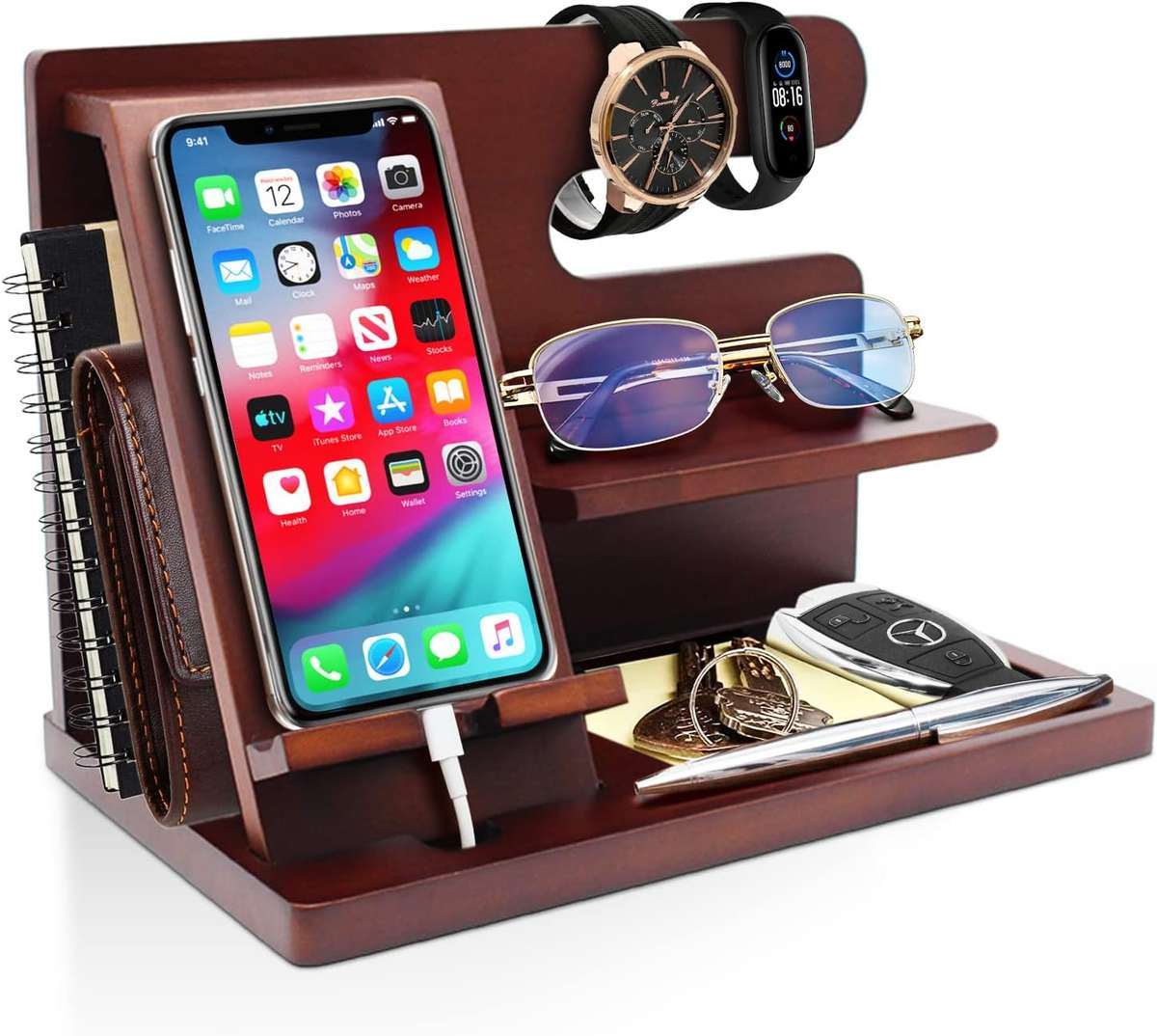 Wooden Phone And Daily Accessory Station - Dark Wood