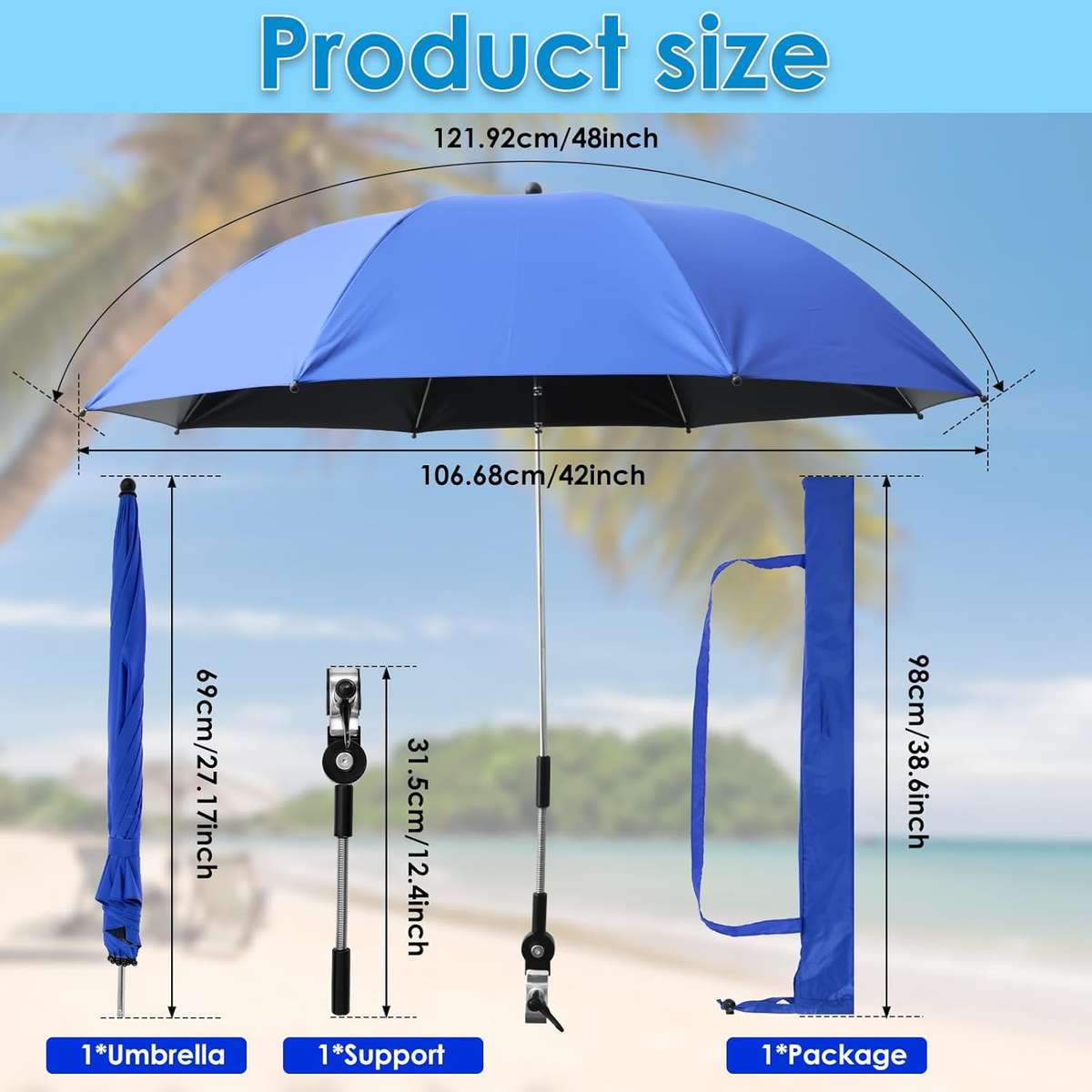 Beach Umbrella with 360° Adjustable Clamp - Red