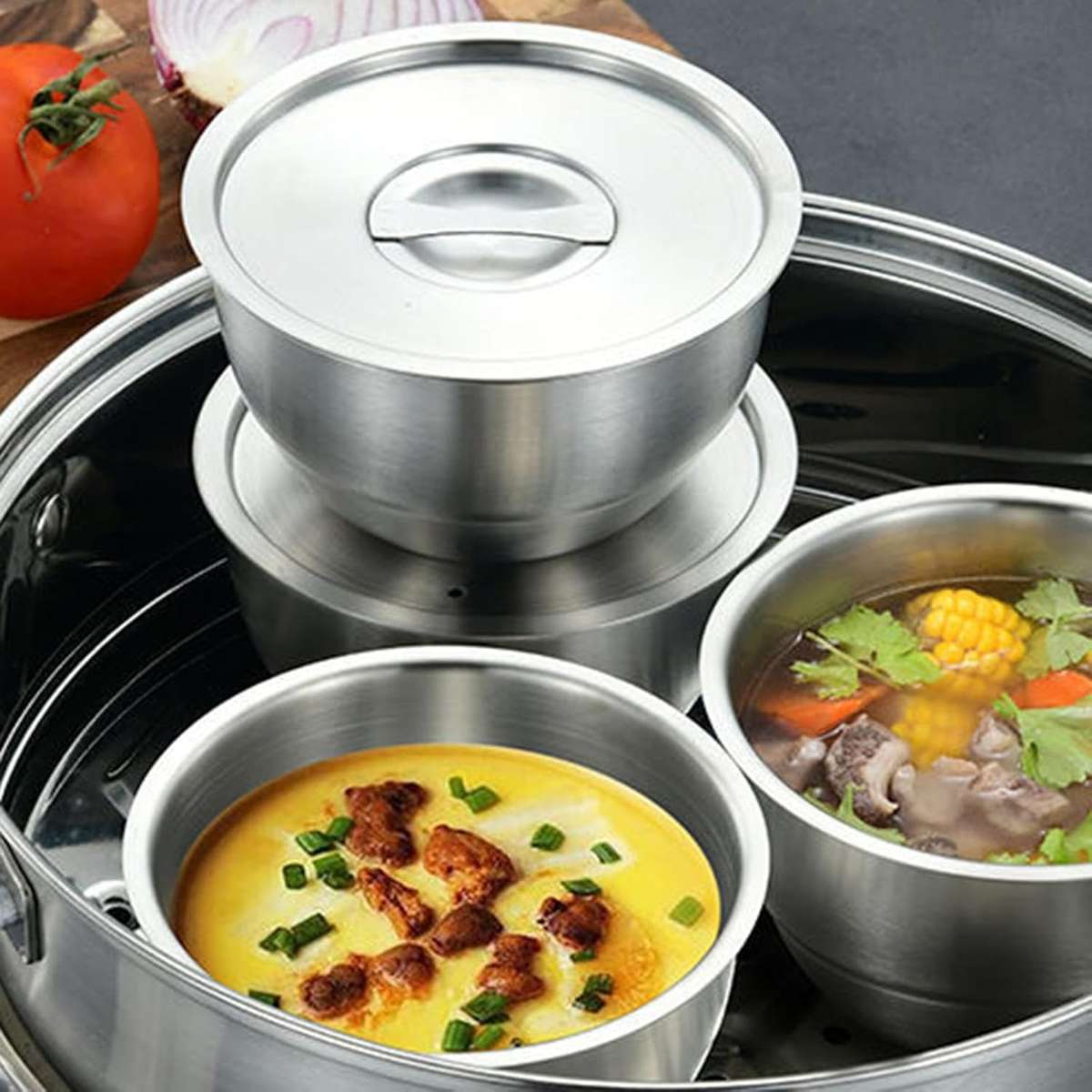 SteamServe 3Piece Stainless Steel Steaming Bowl Set with Lids