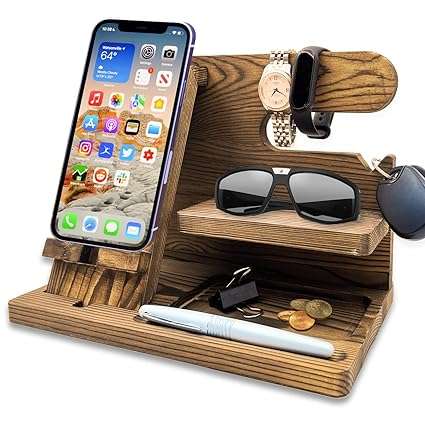 Wooden Phone And Daily Accessory Station - Dark Wood