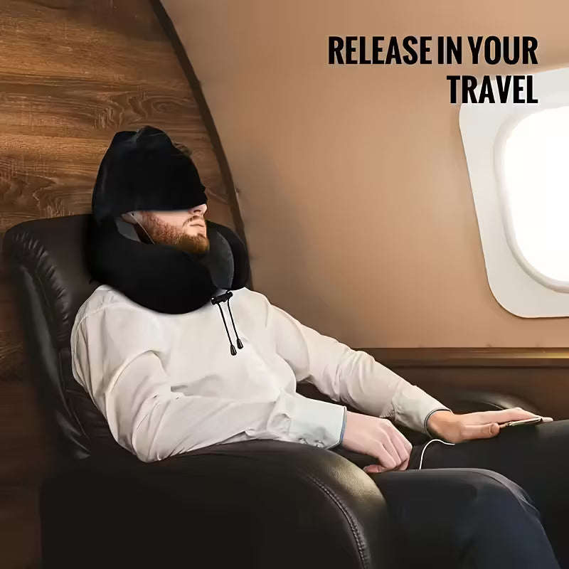 Velvet Memory Travel Neck Pillow with Hood- Black