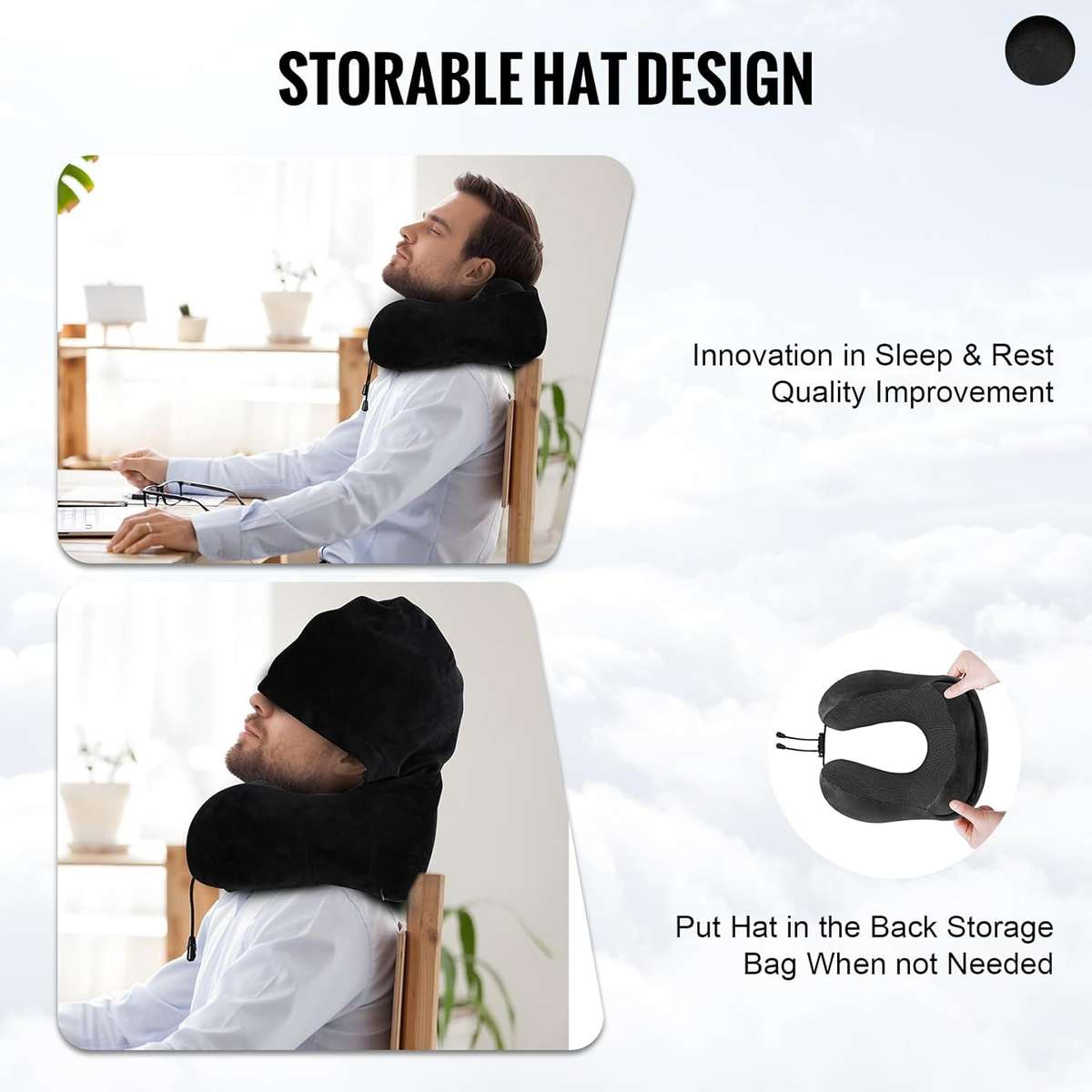 Velvet Memory Travel Neck Pillow with Hood- Black