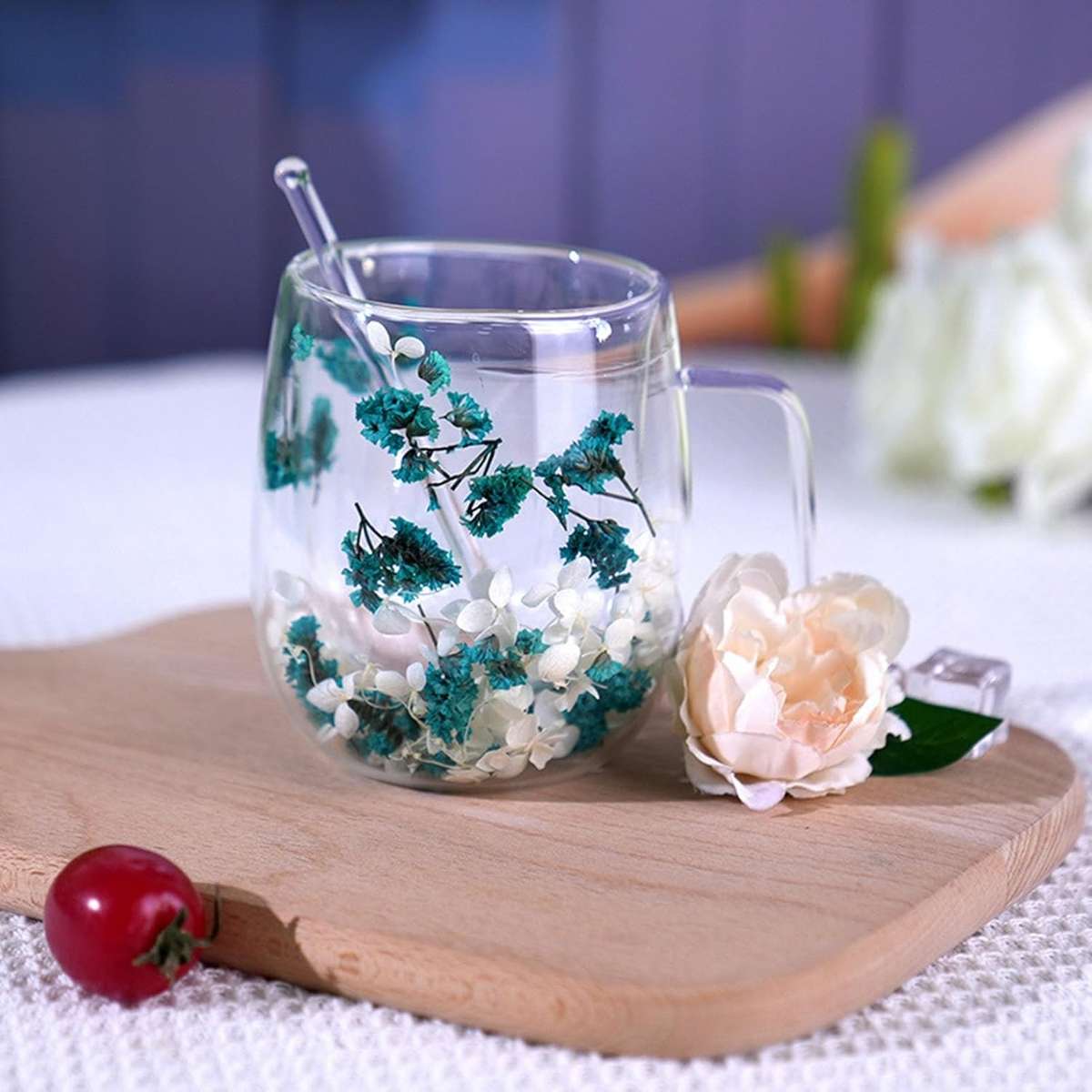 350ml Flower Petals Double Walled Glass Coffee Mug-Yellow