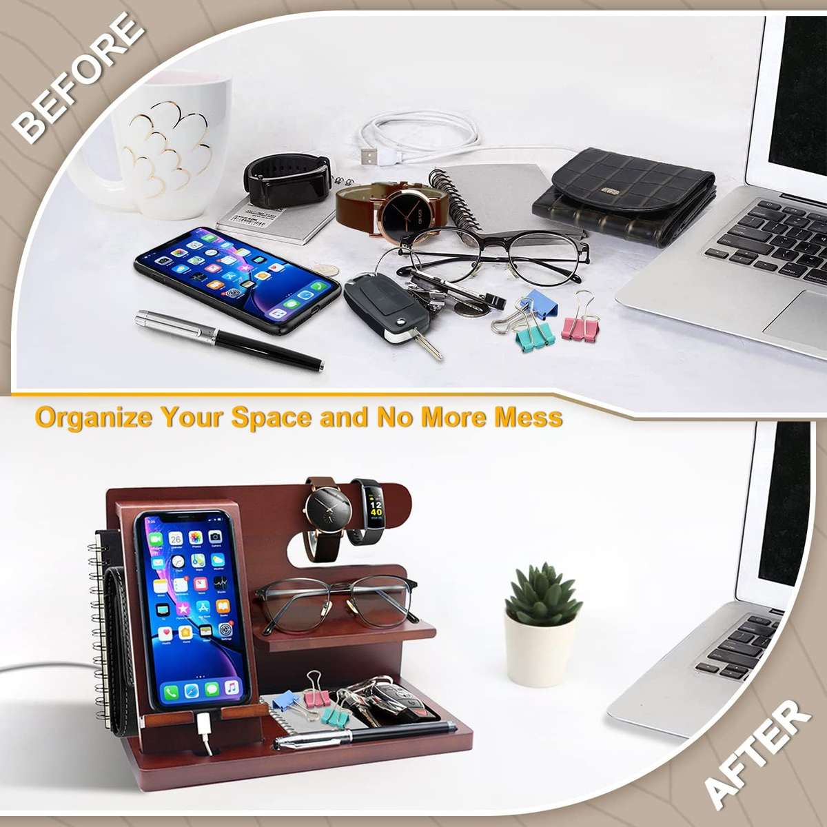 Wooden Phone And Daily Accessory Station - Dark Wood