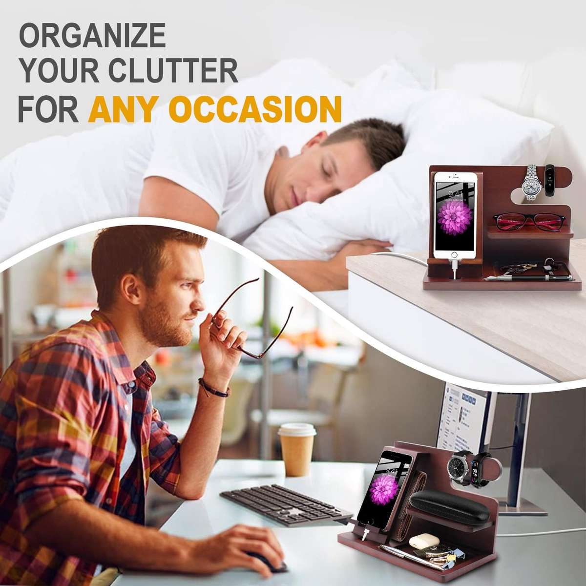 Wooden Phone And Daily Accessory Station - Dark Wood