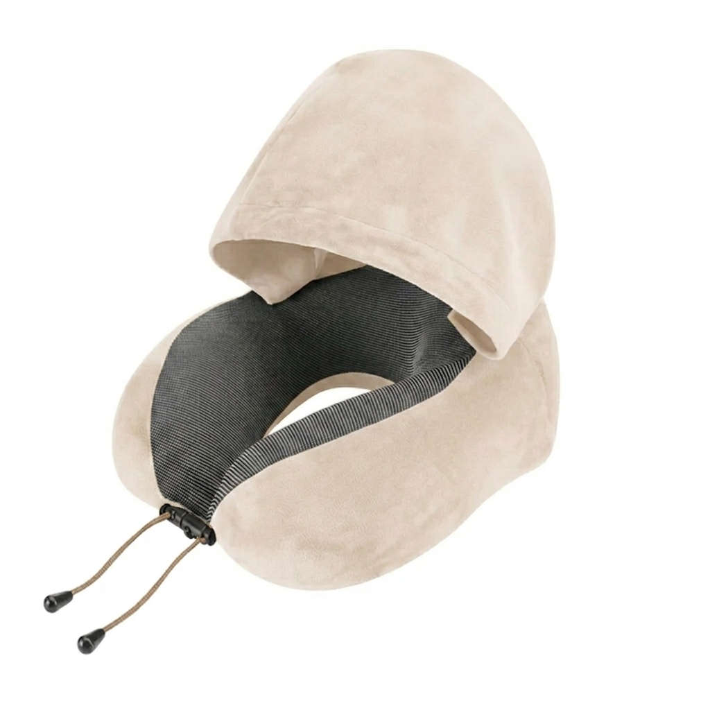 Velvet Memory Travel Neck Pillow with Hood- Black