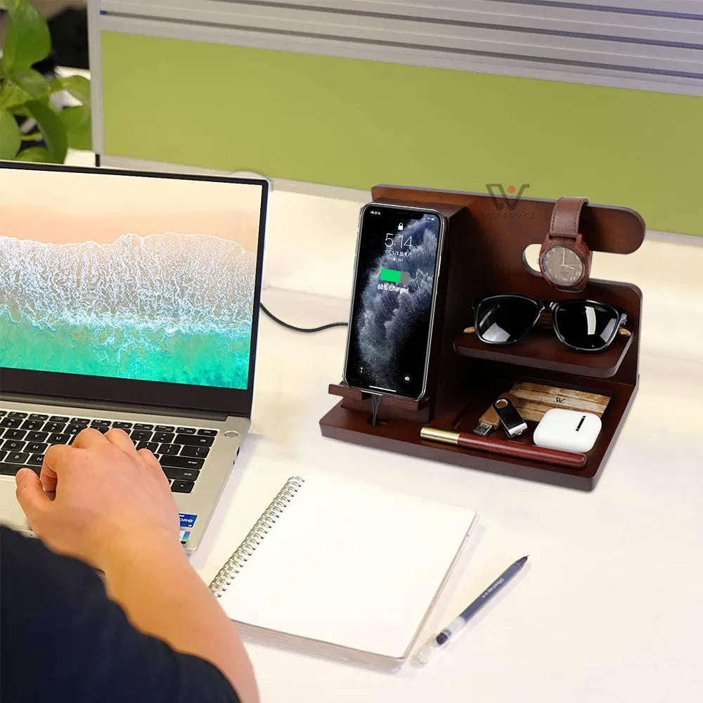 Wooden Phone And Daily Accessory Station - Dark Wood