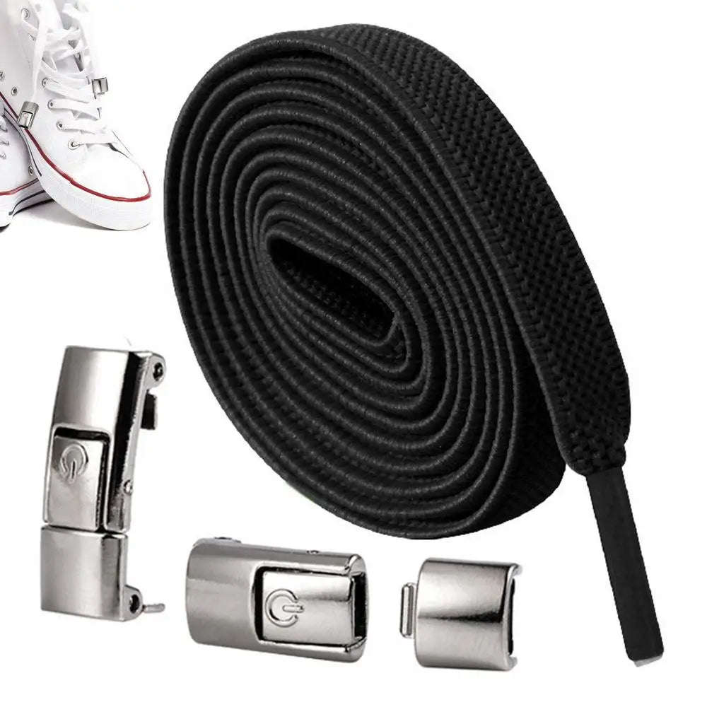 Flat Stretch Shoe Laces with Metal Buckles - 1 pair-BLACK