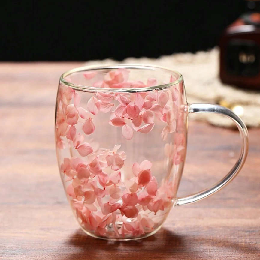 350ml Flower Petals Double Walled Glass Coffee Mug-Yellow