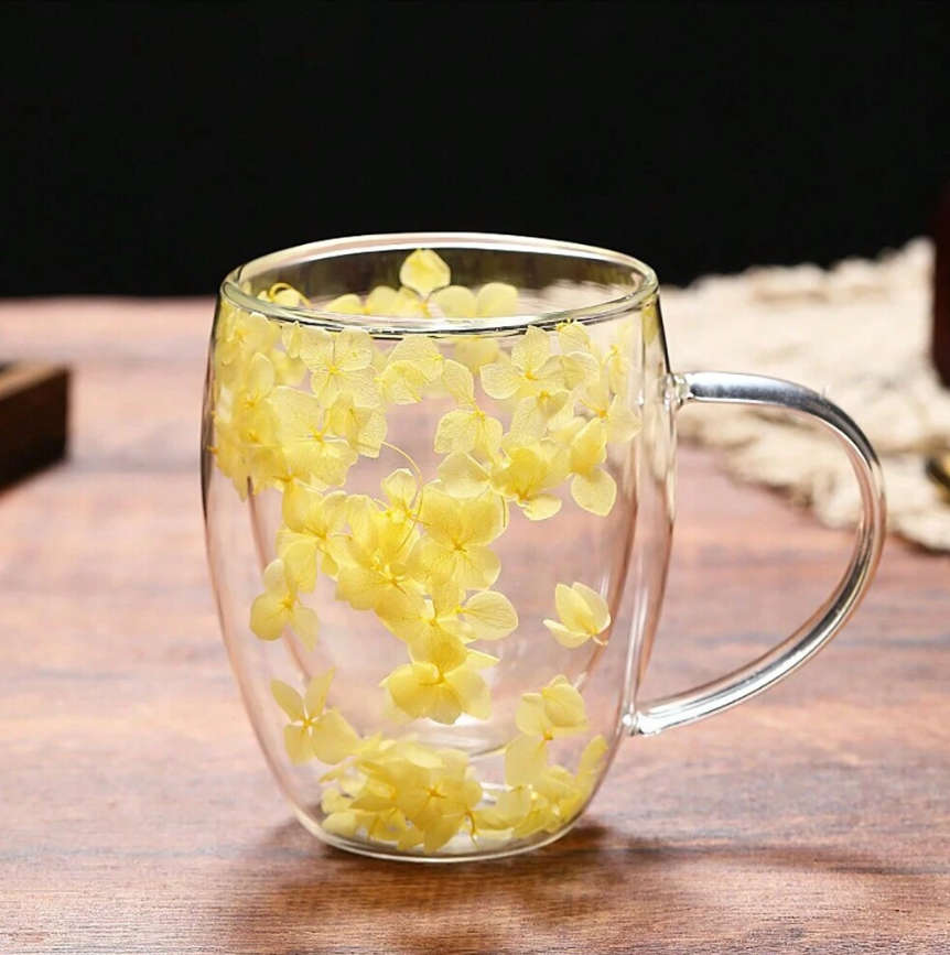 350ml Flower Petals Double Walled Glass Coffee Mug-Yellow