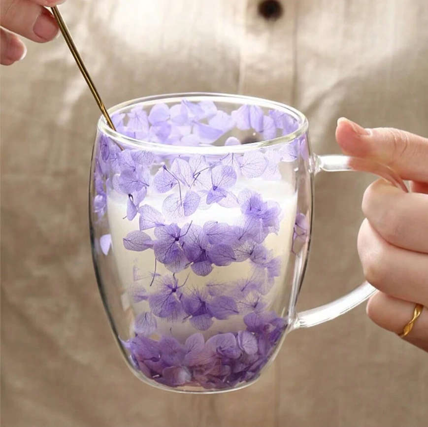 350ml Flower Petals Double Walled Glass Coffee Mug-Yellow