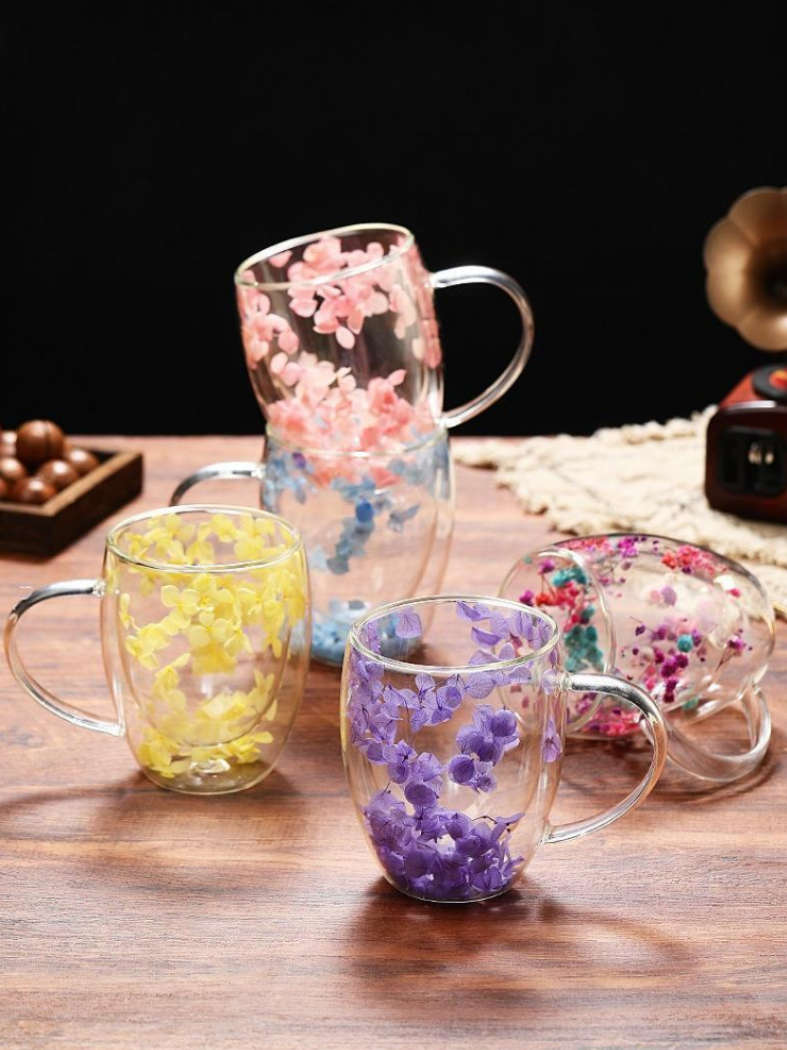 350ml Flower Petals Double Walled Glass Coffee Mug-Yellow