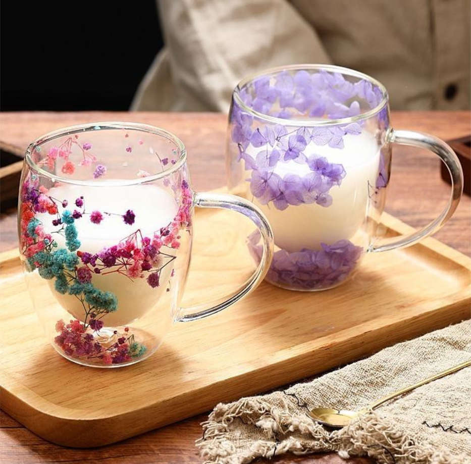 350ml Flower Petals Double Walled Glass Coffee Mug-Yellow