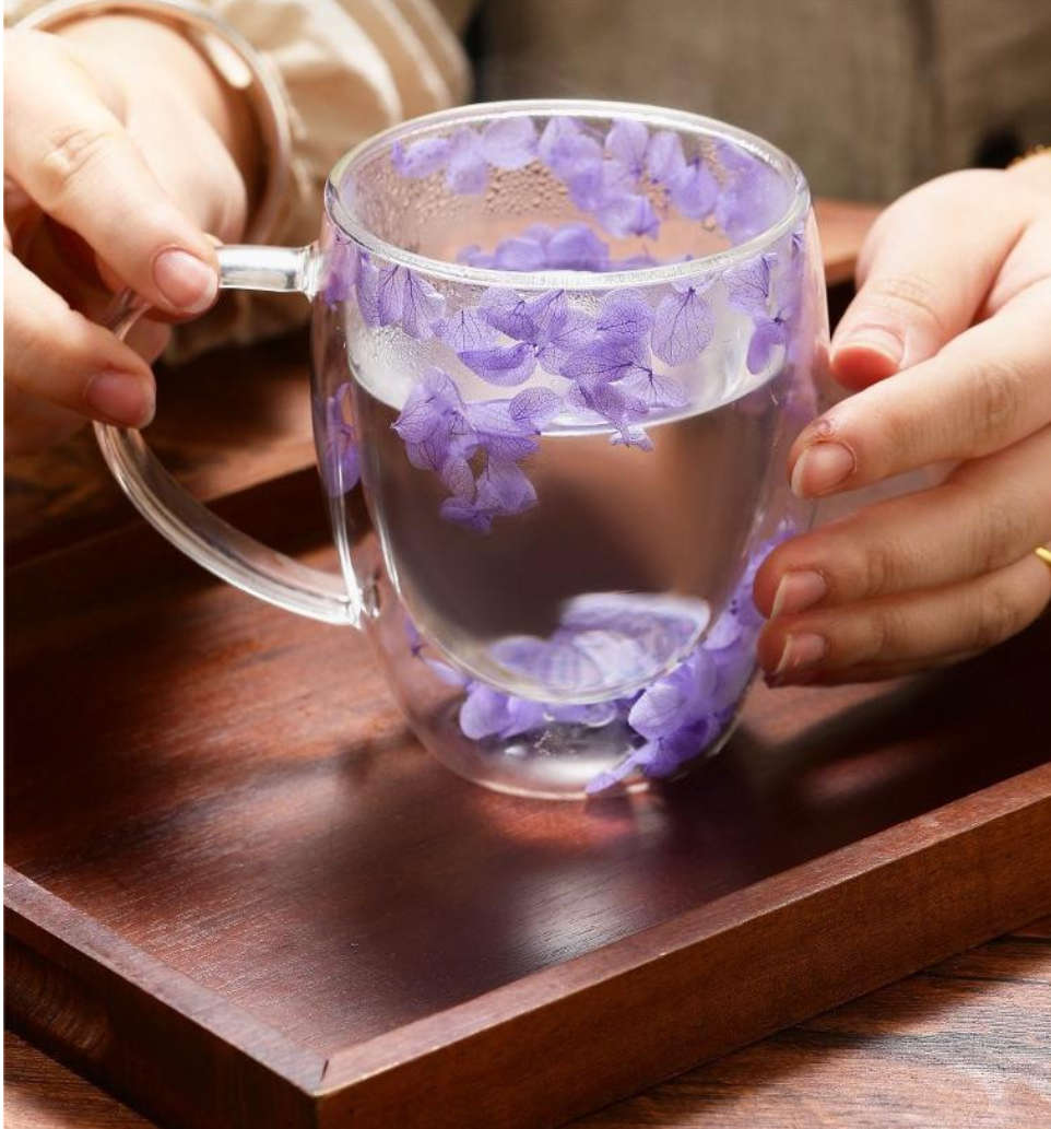350ml Flower Petals Double Walled Glass Coffee Mug-Yellow