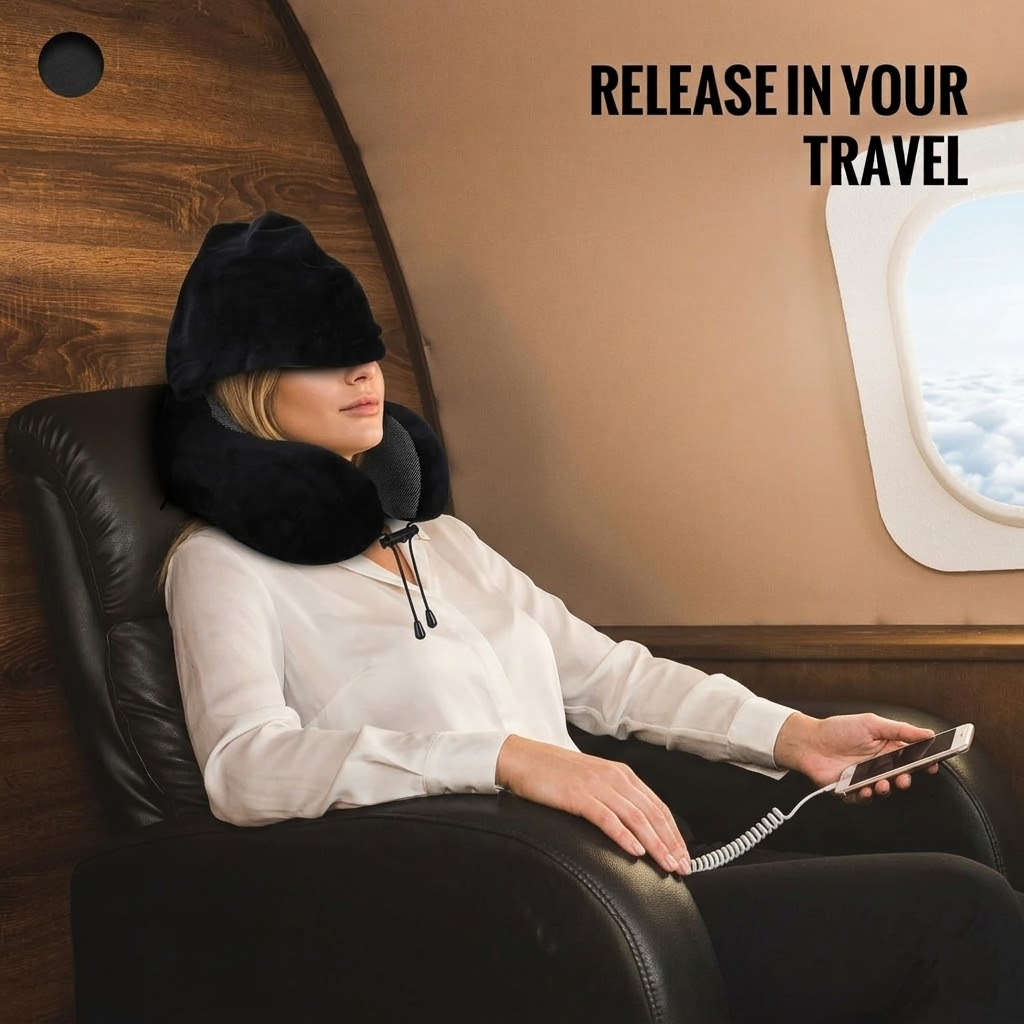 Velvet Memory Travel Neck Pillow with Hood- Black