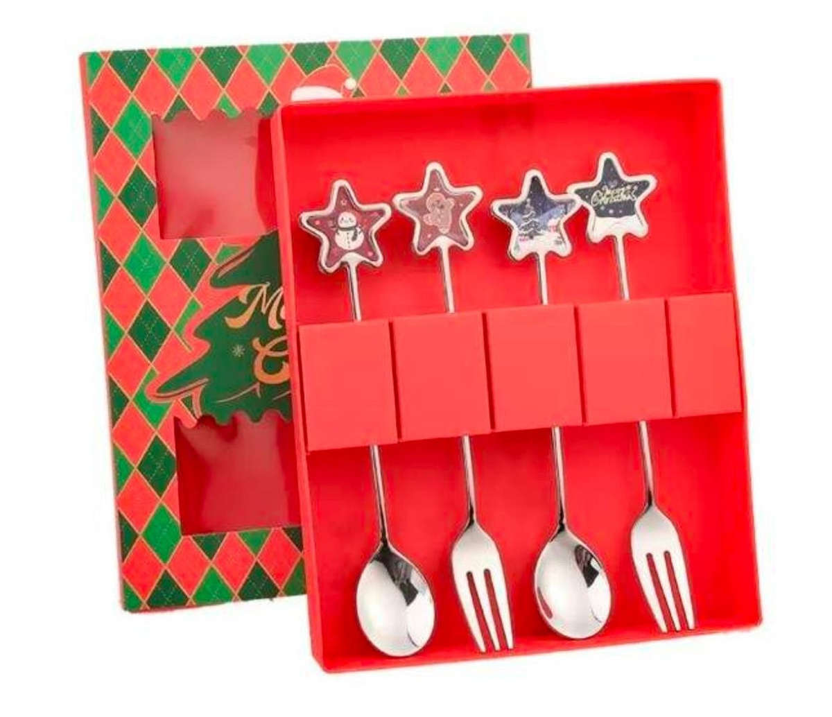 4-Piece Christmas Dessert Cutlery Set with Decorative Handles - Gold