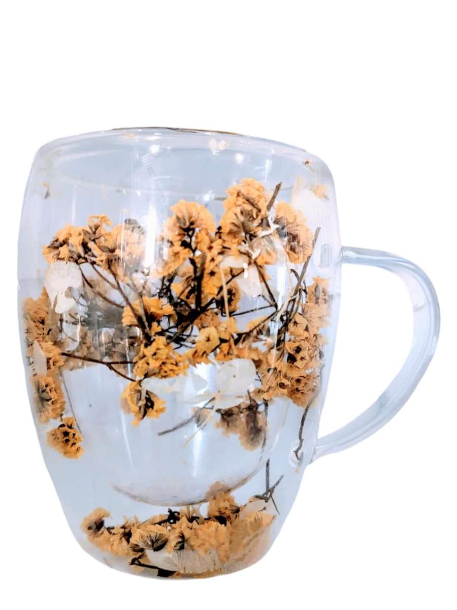 350ml Flower Petals Double Walled Glass Coffee Mug-Yellow