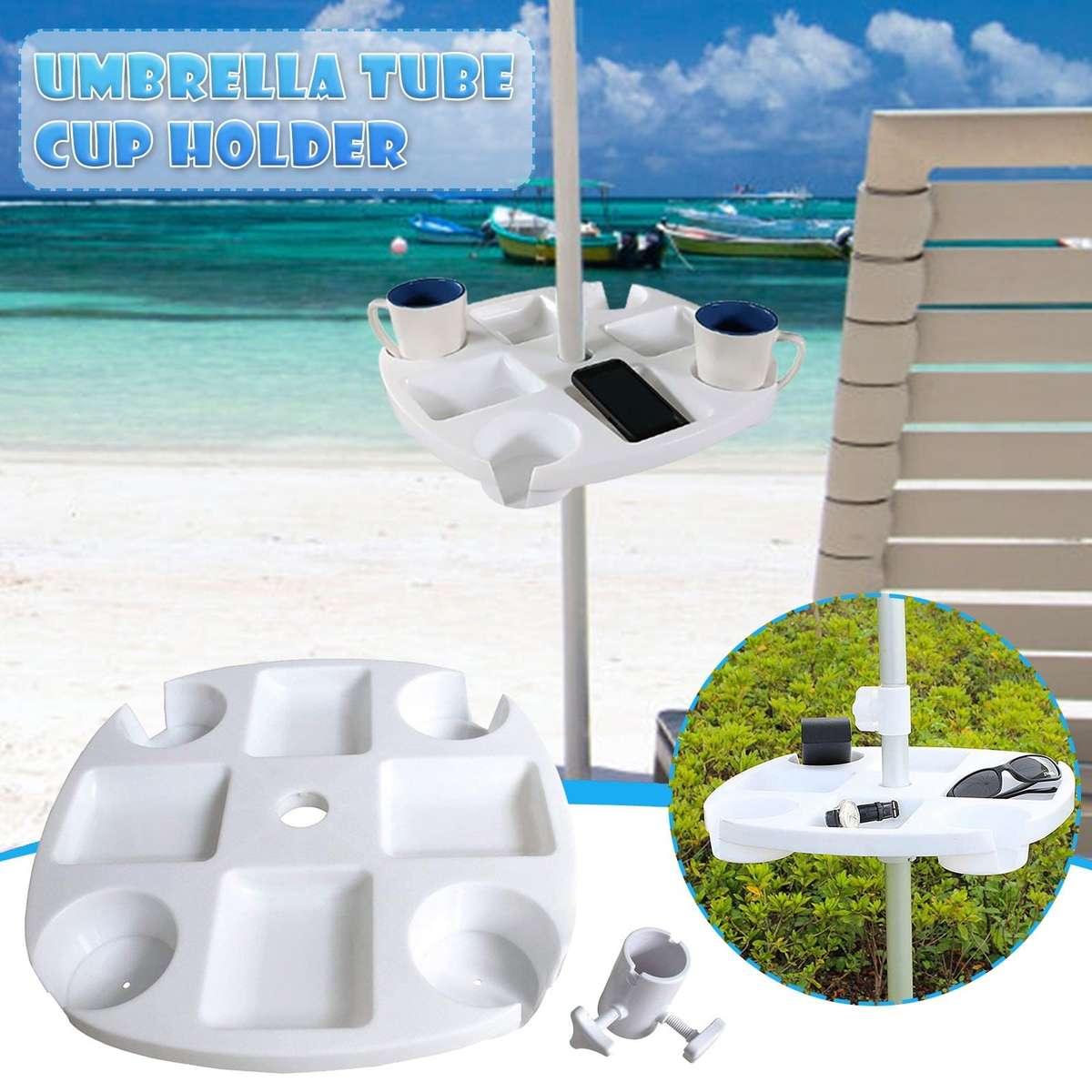 Beach Umbrella Cup Holder with Tray - for Beach & Patio Umbrellas