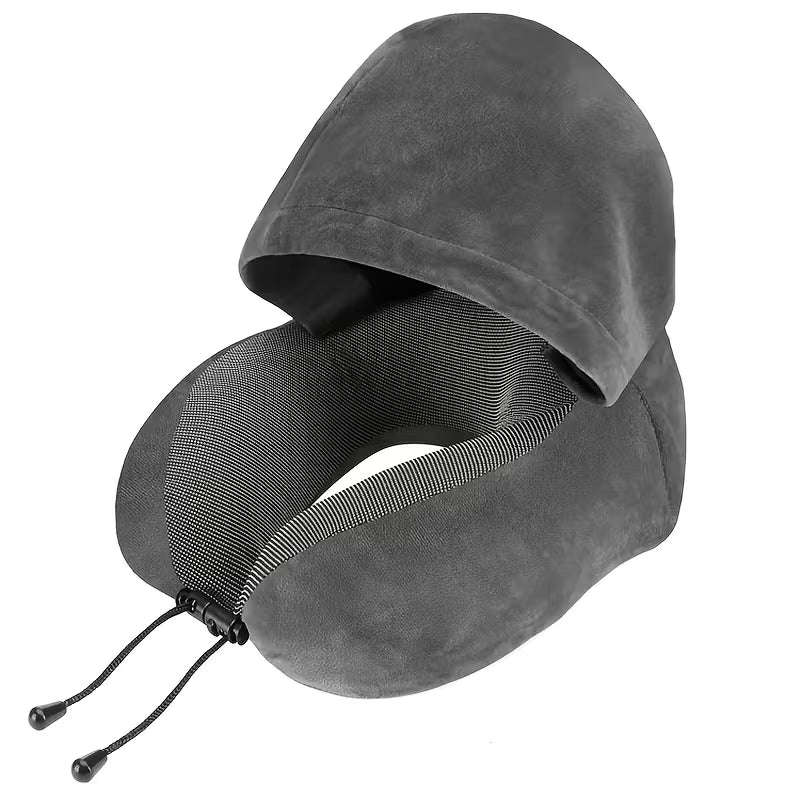 Velvet Memory Travel Neck Pillow with Hood- Black