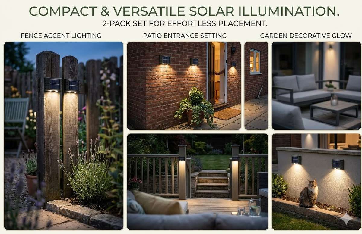 Solar Wall Lights  2Pack Compact Outdoor Lamps