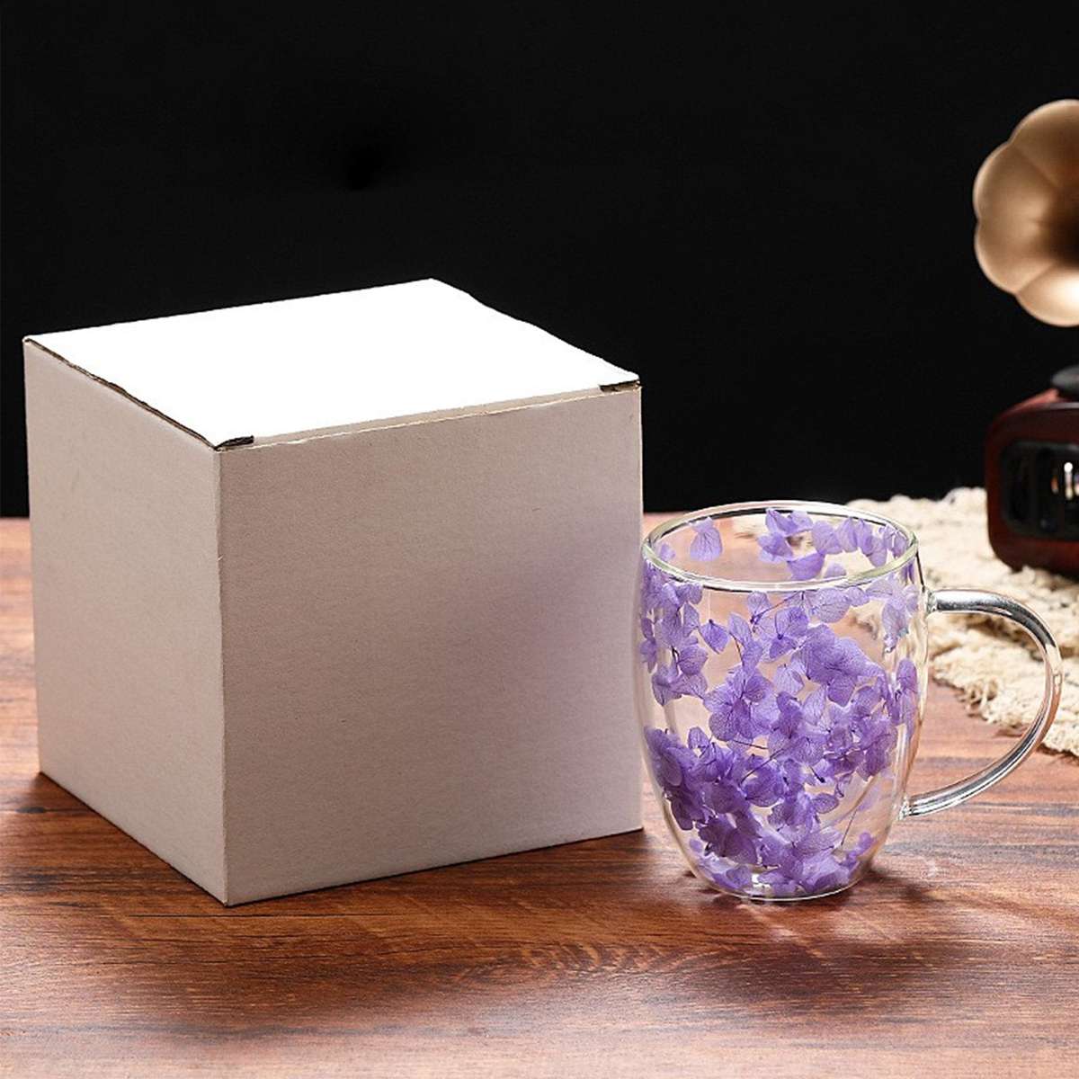 350ml Flower Petals Double Walled Glass Coffee Mug-Yellow