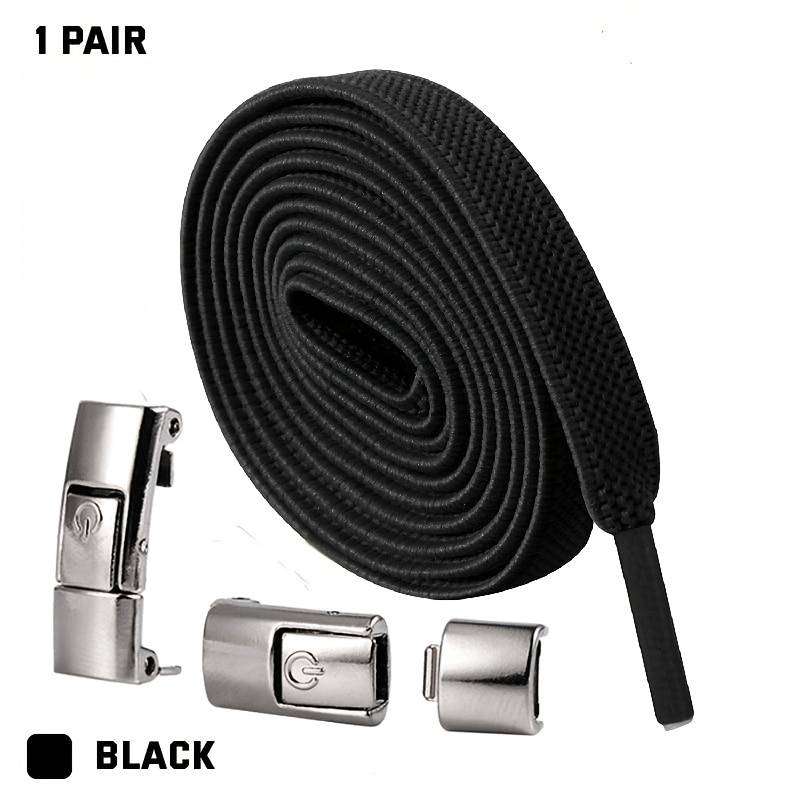 Flat Stretch Shoe Laces with Metal Buckles - 1 pair-BLACK