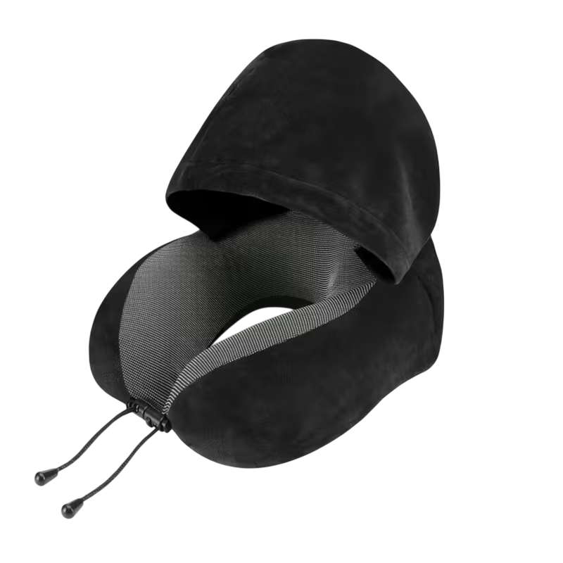 Velvet Memory Travel Neck Pillow with Hood- Black
