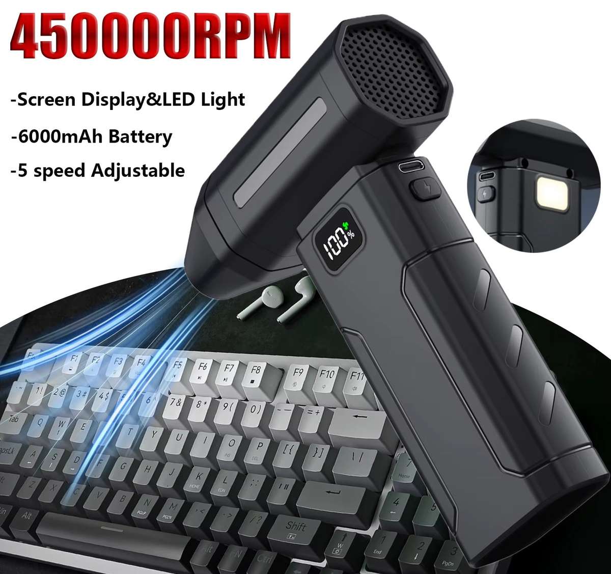 X8 Turbo Dust Blower  450,000 RPM, 5-Speed, 6000 mAh Battery