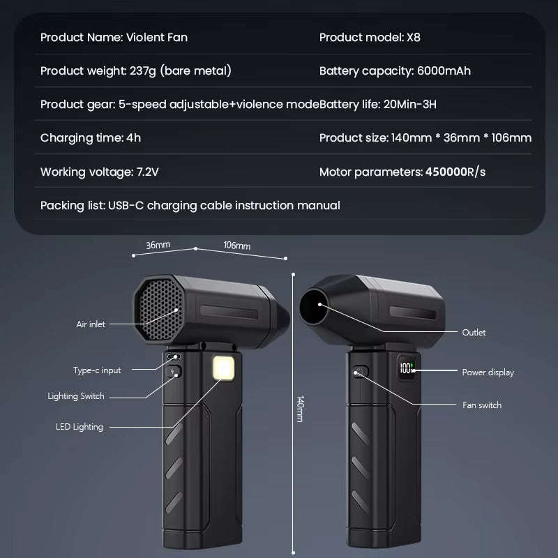 X8 Turbo Dust Blower  450,000 RPM, 5-Speed, 6000 mAh Battery