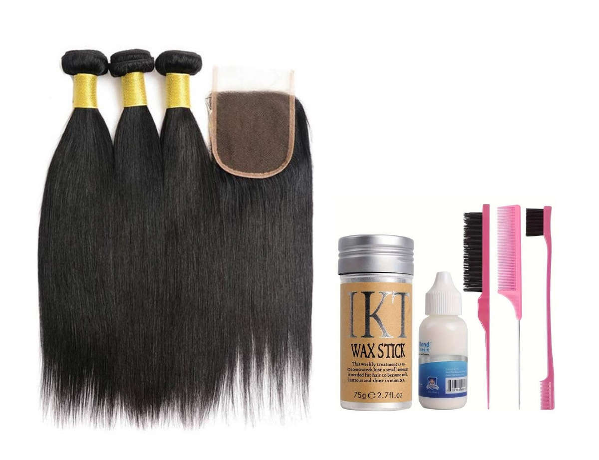 Brazilian Virgin Straight Human Hair Bundle, Closure with Styling Kit