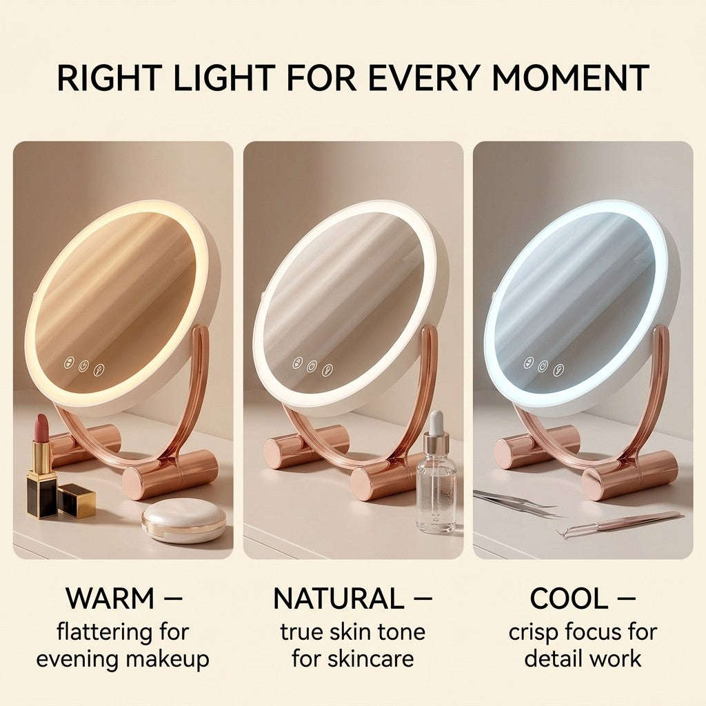 Rotatable Vanity Mirror with LED Lights  3 Color Modes, Stepless Dimming, USB-C Rechargeable