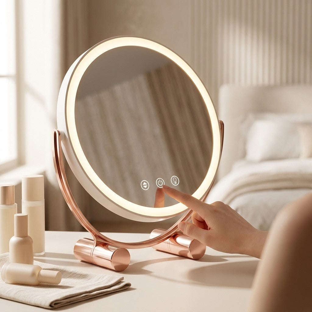 Rotatable Vanity Mirror with LED Lights  3 Color Modes, Stepless Dimming, USB-C Rechargeable