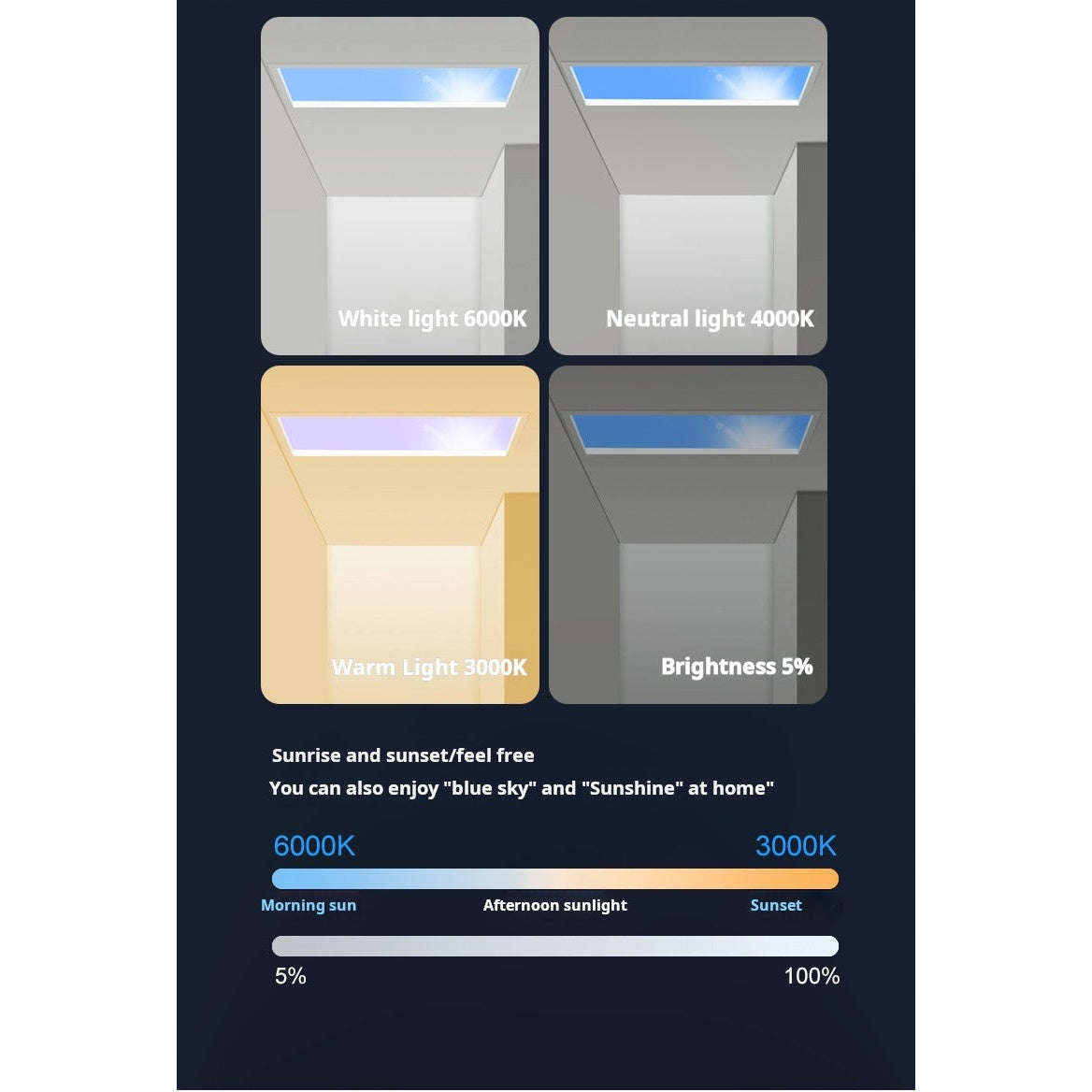 Skylight Recessed Ultra-Thin LED Panel Light  High CRI Natural Daylight, Smart Ceiling Mount