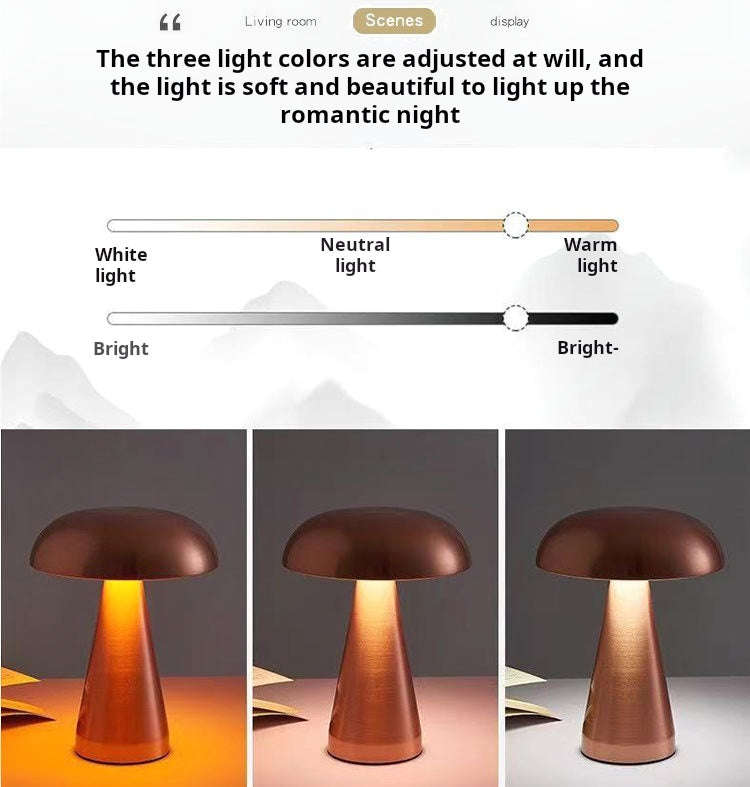 Danish Mushroom Table Lamp  Rechargeable LED, Touch Dimmer